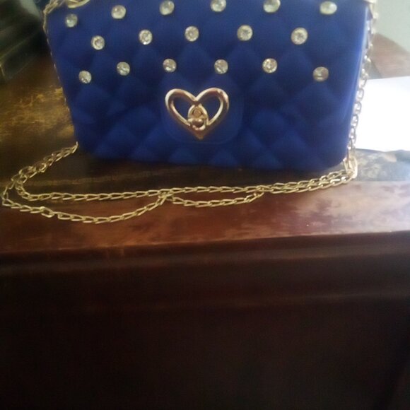Blue Purse With Diamonds And Golden Strap - Picture 1 of 3